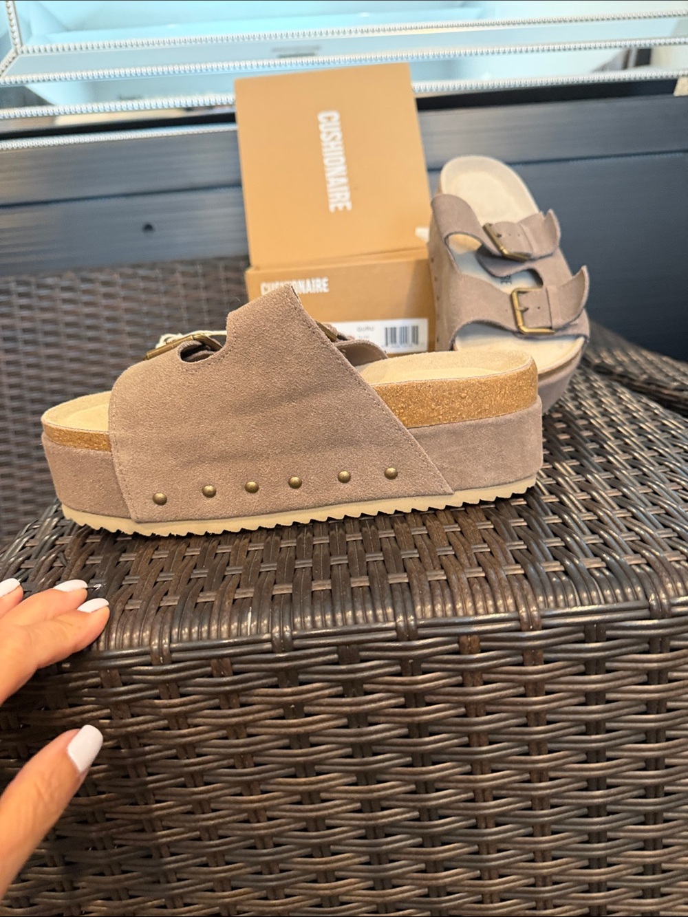 Cushionaire Women’s Taupe Suede Double-Buckle Slide Sandals - Picture 2 of 3